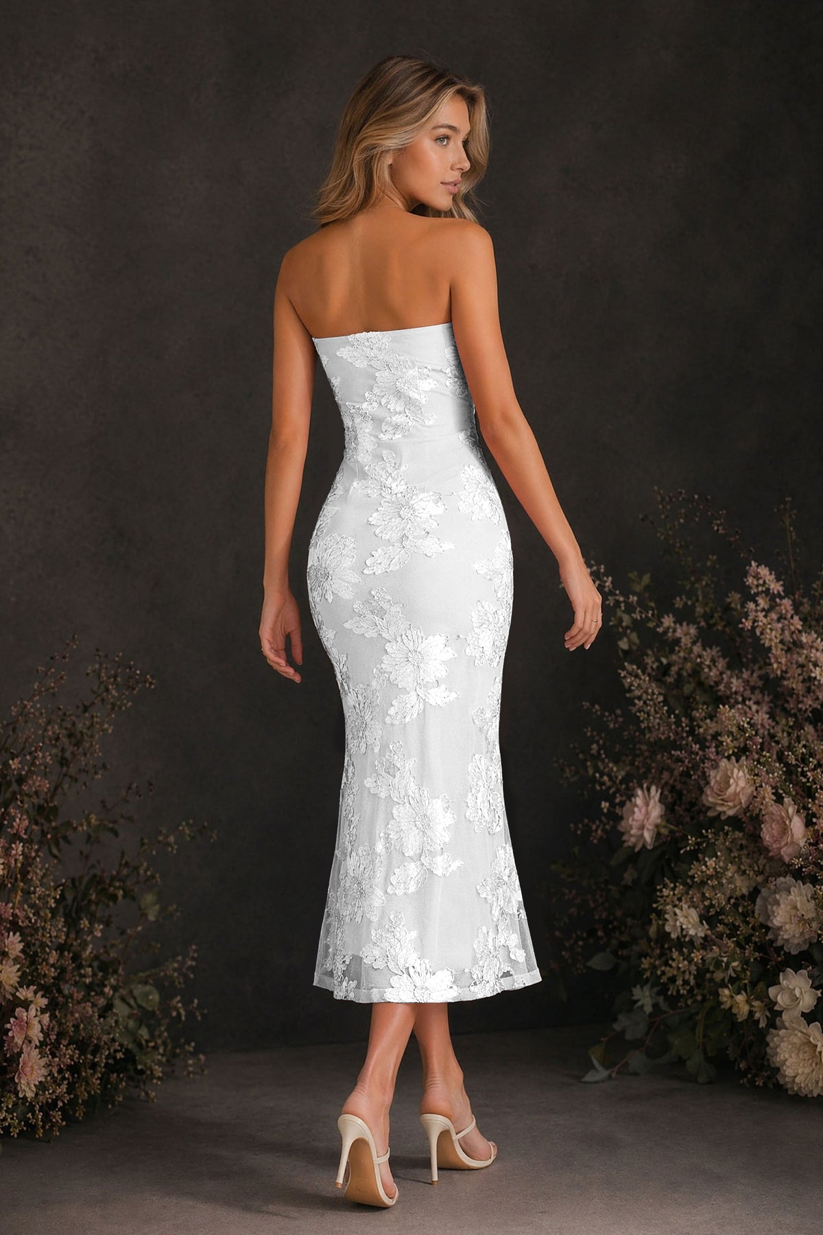 BOLODOO White Tonal Floral Embroidered Mesh Strapless Open Back Bodycon Midi Tea Length Dress - White