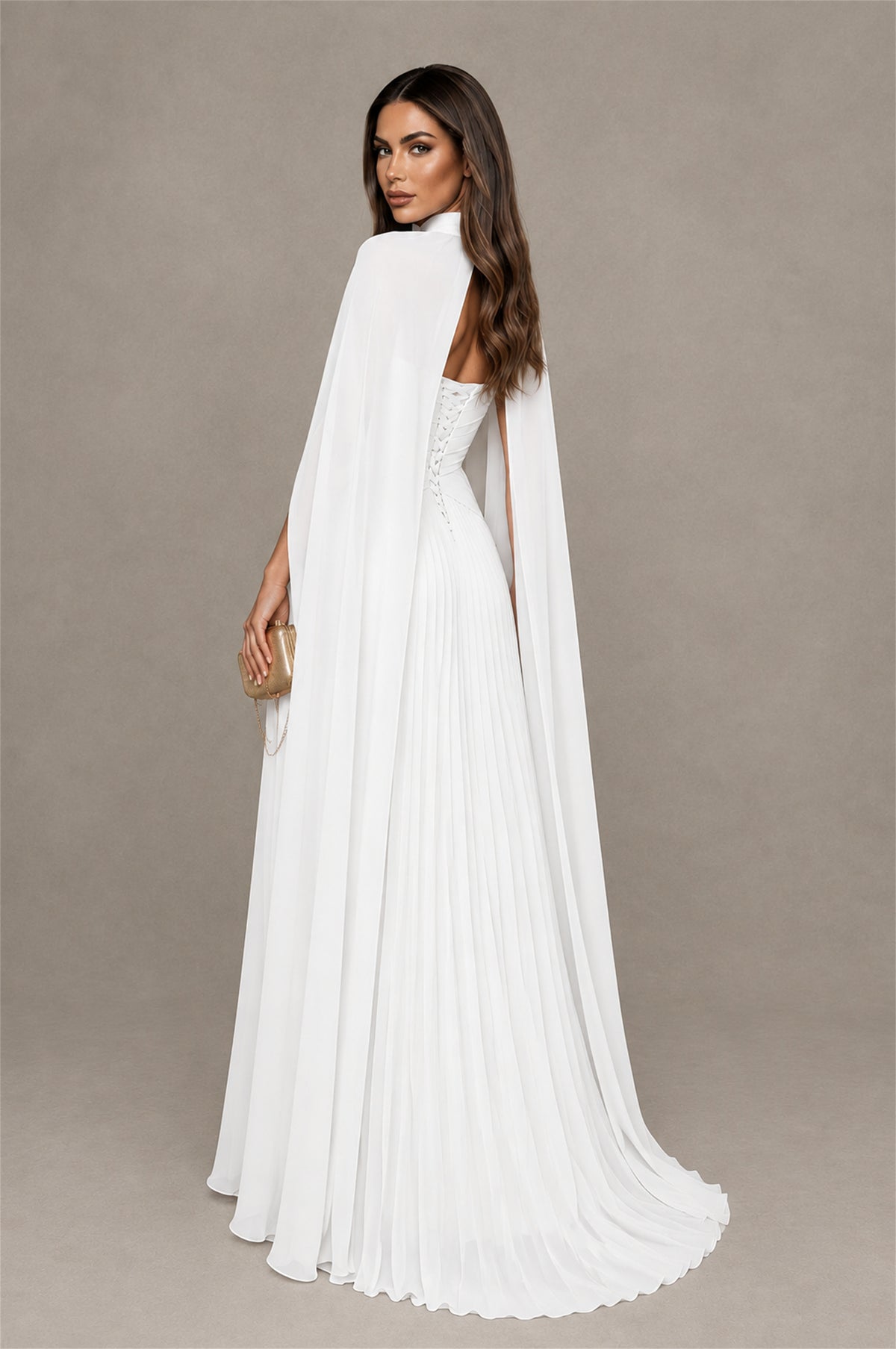 BOLODOO White Strapless Crossover Ruched Bodice Detached Turtleneck Cape Lace-Up Back Pleated Chiffon Maxi Dress - White
