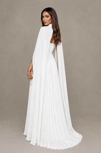 BOLODOO White Strapless Crossover Ruched Bodice Detached Turtleneck Cape Lace-Up Back Pleated Chiffon Maxi Dress - White