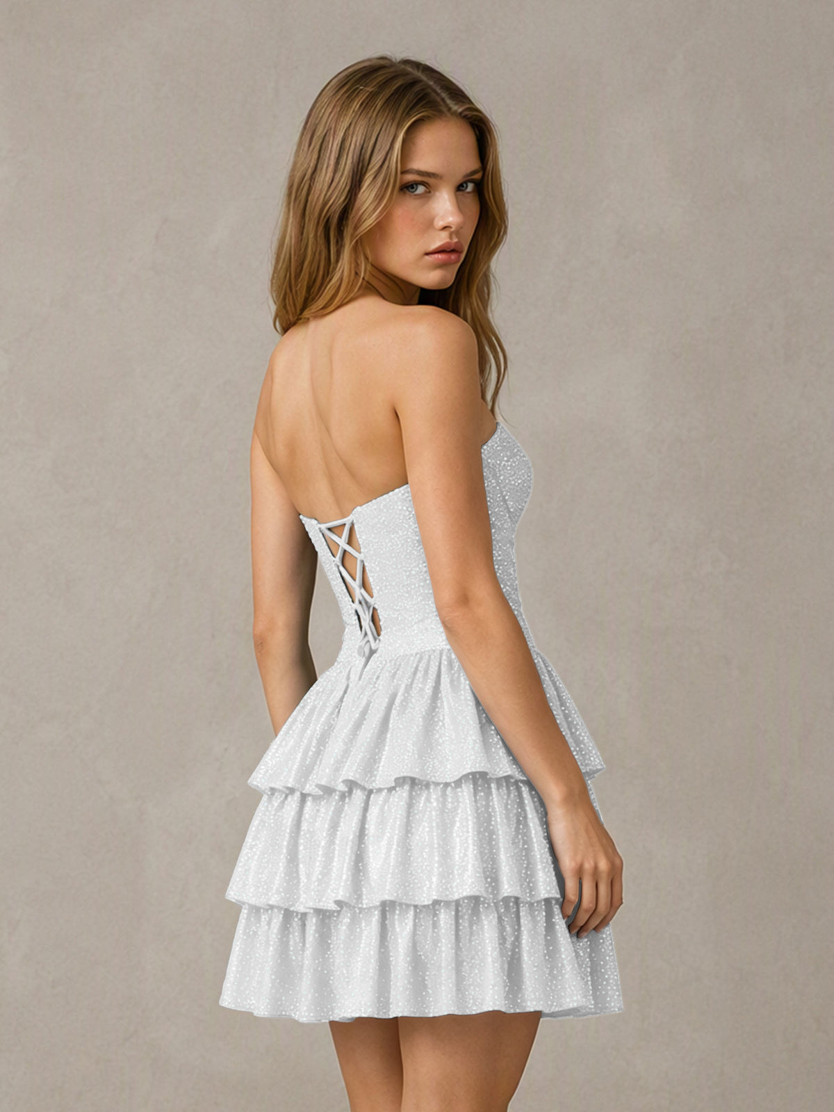 BOLODOO White Strapless Sweetheart Cutout Glitter Tiered Ruffle Mini Dress | Lace-Up Back Corset - White