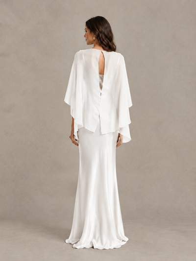 BOLODOO White Satin Mermaid Bridesmaid Dress with Chiffon Cape - White - White (2)