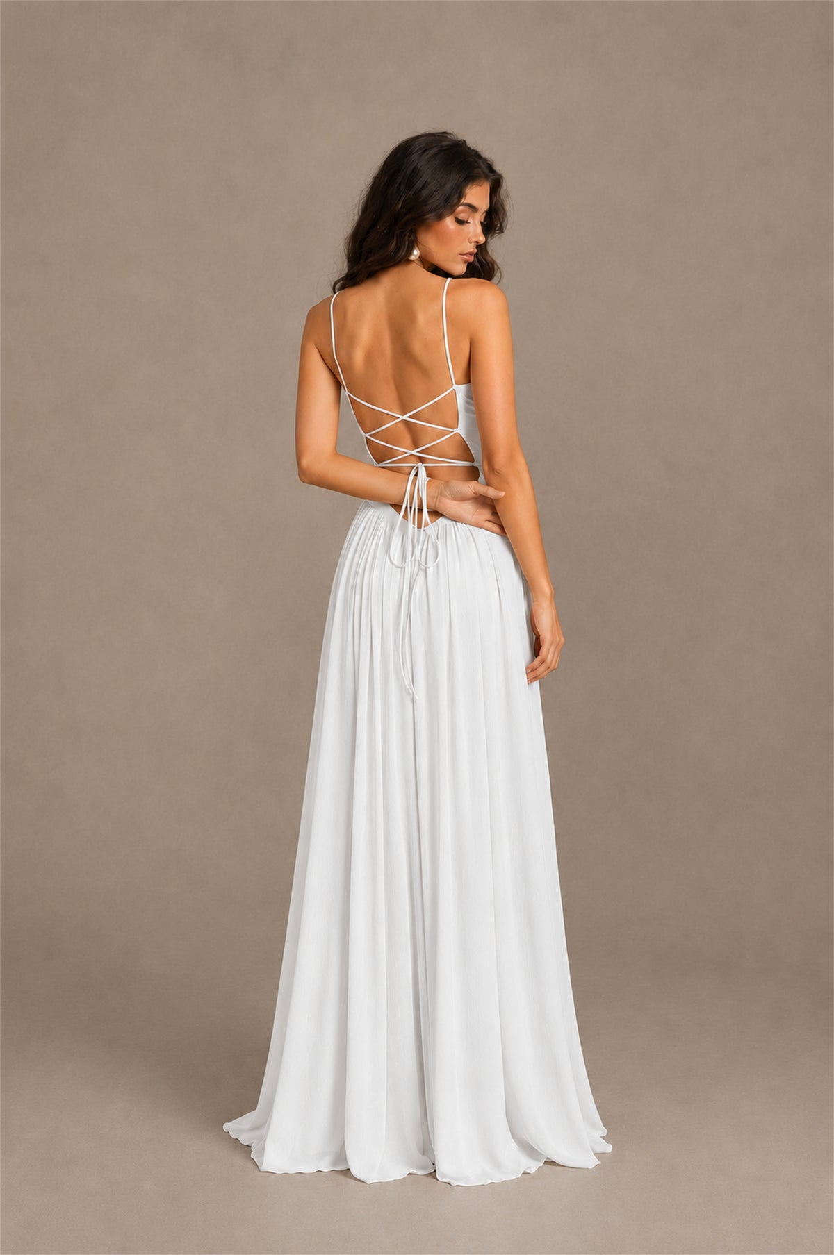 BOLODOO White Spaghetti Strap Square Neck Ruched Chiffon Maxi Dress with Lace-Up Back - White