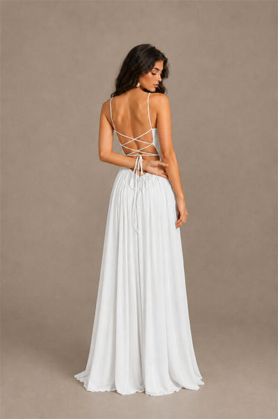 BOLODOO White Spaghetti Strap Square Neck Ruched Chiffon Maxi Dress with Lace-Up Back - White