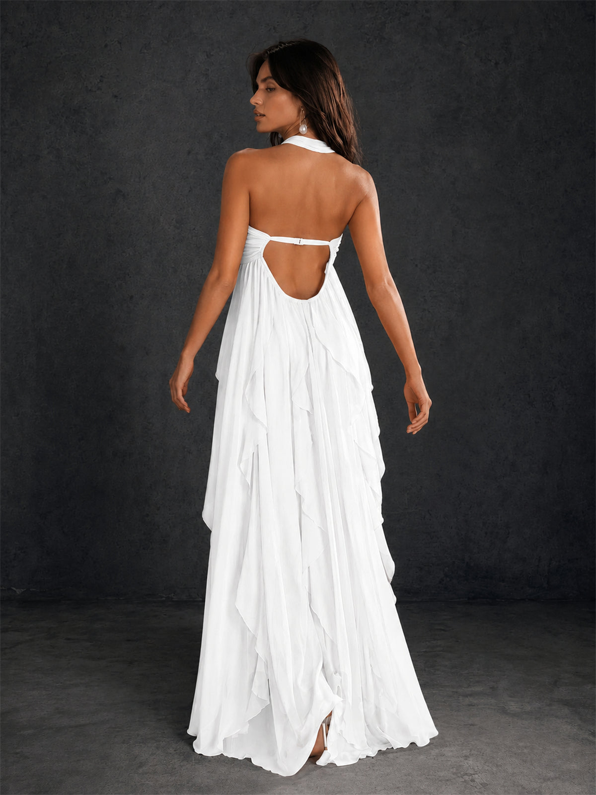 BOLODOO White Halter Neck Cascading Ruffle Chiffon Maxi Dress | Keyhole Open Back - White