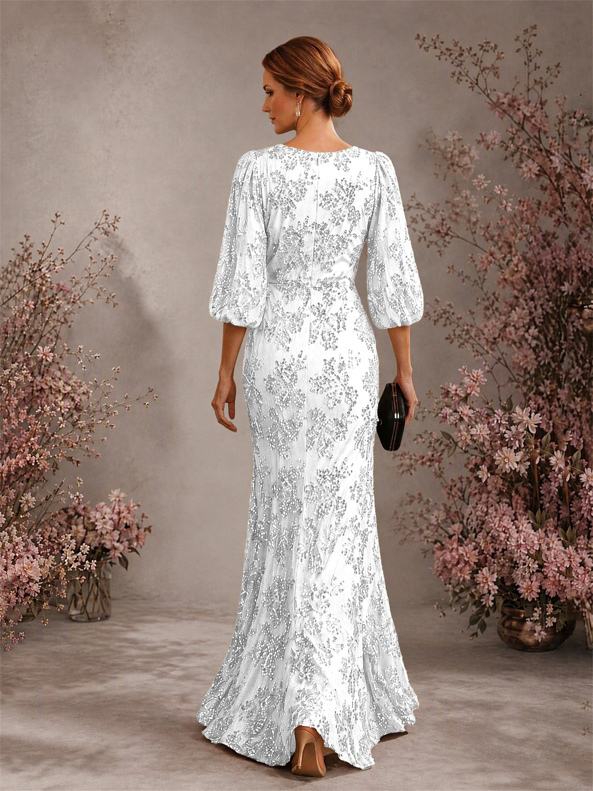 BOLODOO White V-Neck Lantern Sleeve All-Over Sequin Floral Embroidered Mermaid Gown - White