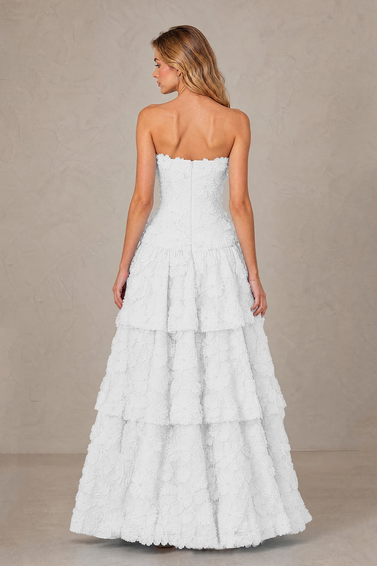 BOLODOO White Strapless 3D Floral Tiered Evening Gown - White