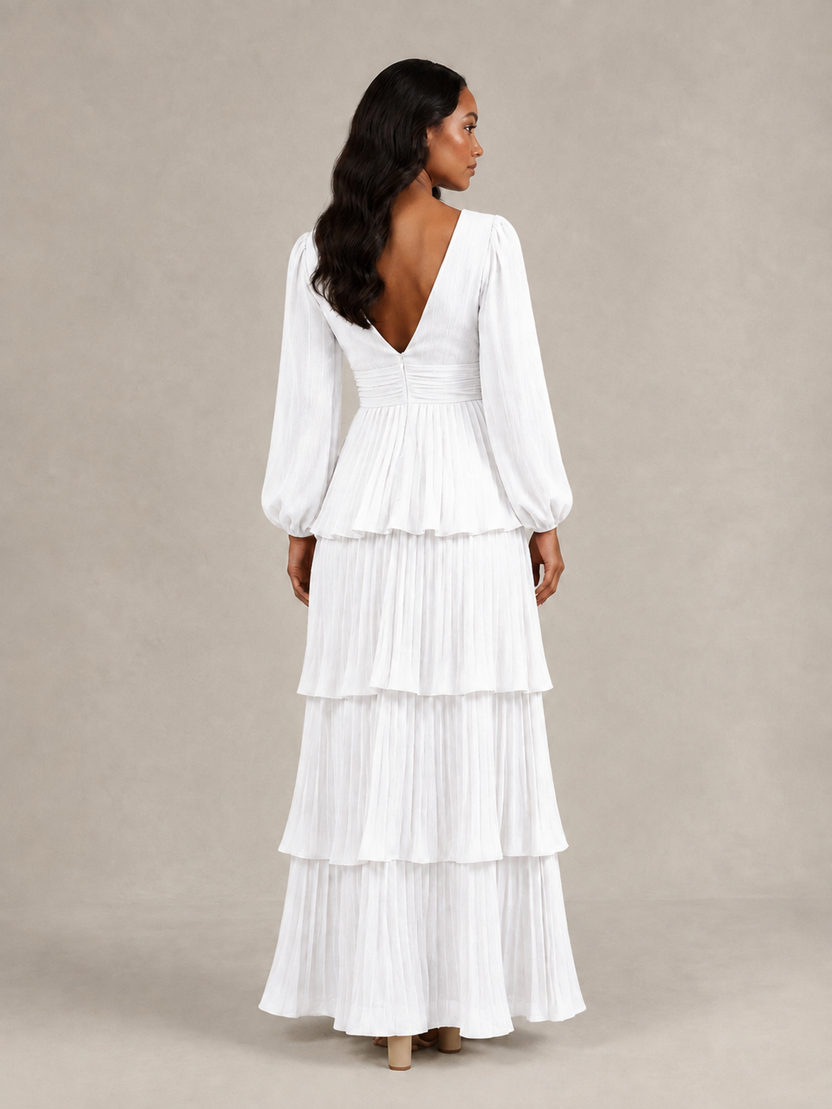 BOLODOO White Long-Sleeve Tiered Maxi Dress with Deep V-Neck - White