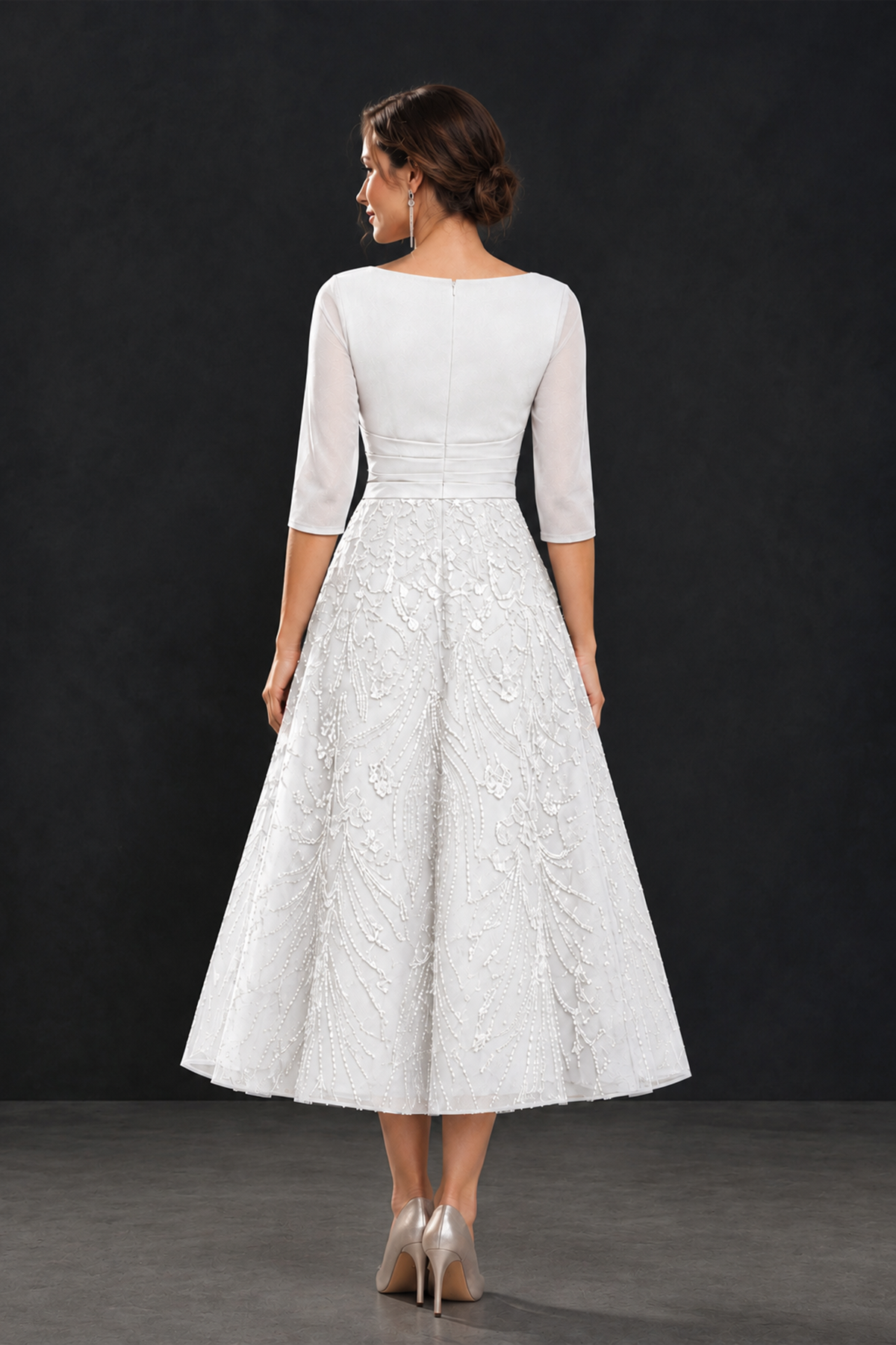 BOLODOO White V-Neck Tea-Length Lace Mother of the Bride Dress - White