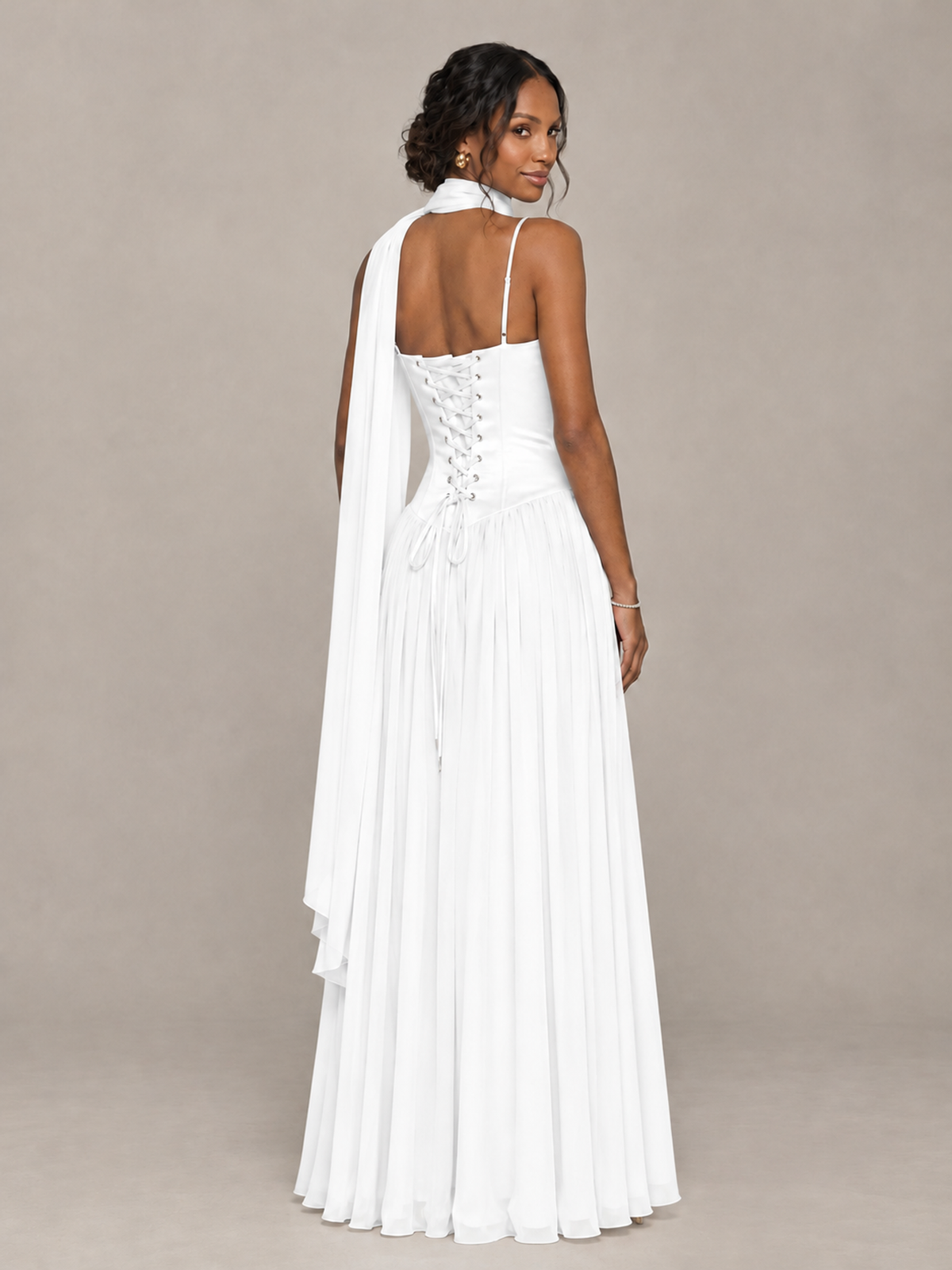 BOLODOO White Corset Bridesmaid Dress with Scarf - White - White (2)