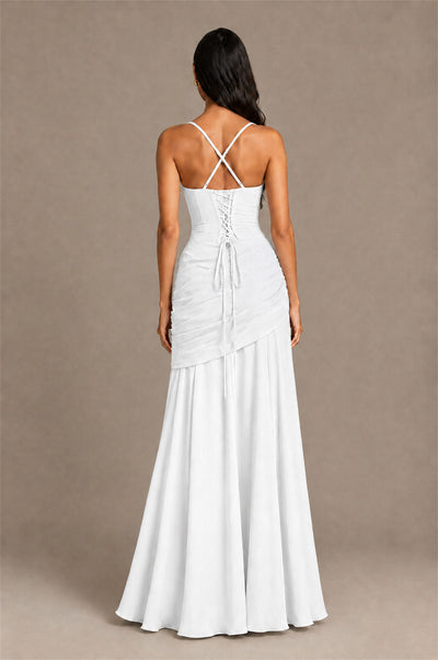 BOLODOO Square Neck Ruched A-Line Maxi Dress - White Backless Evening Gown - White