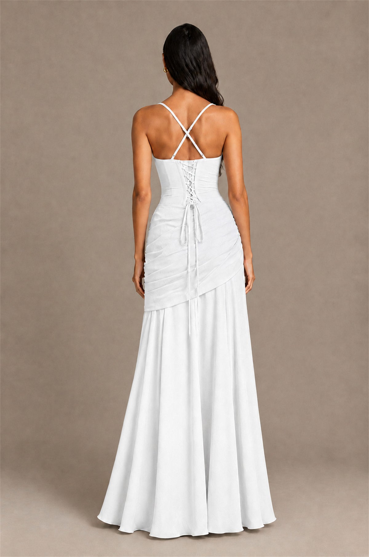 BOLODOO Square Neck Ruched A-Line Maxi Dress - White Backless Evening Gown - White
