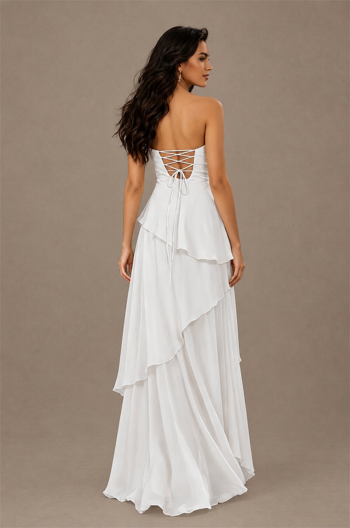 BOLODOO White Strapless Sweetheart Knotted Chiffon Tiered Maxi Dress with Lace-Up Back - White
