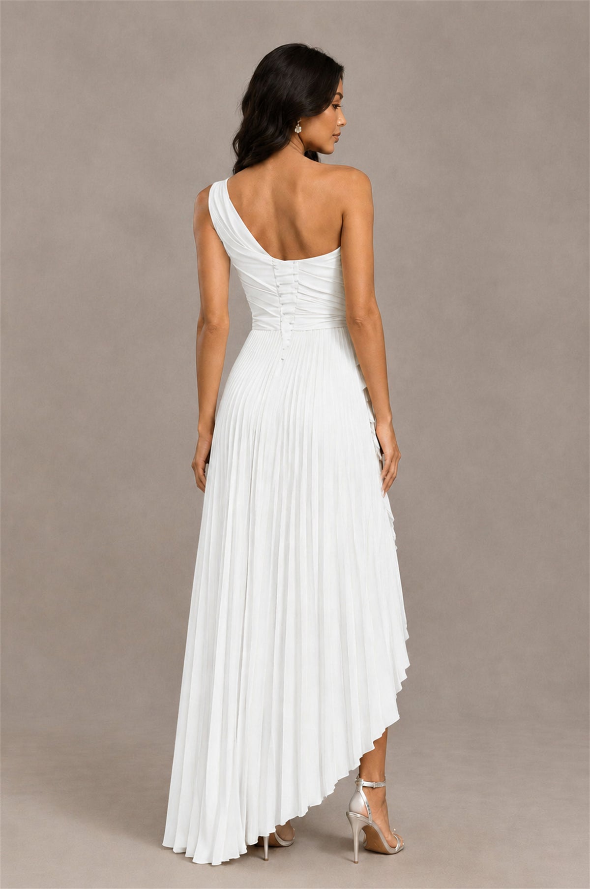 BOLODOO White One-Shoulder High-Low Ruffle Maxi Dress - White