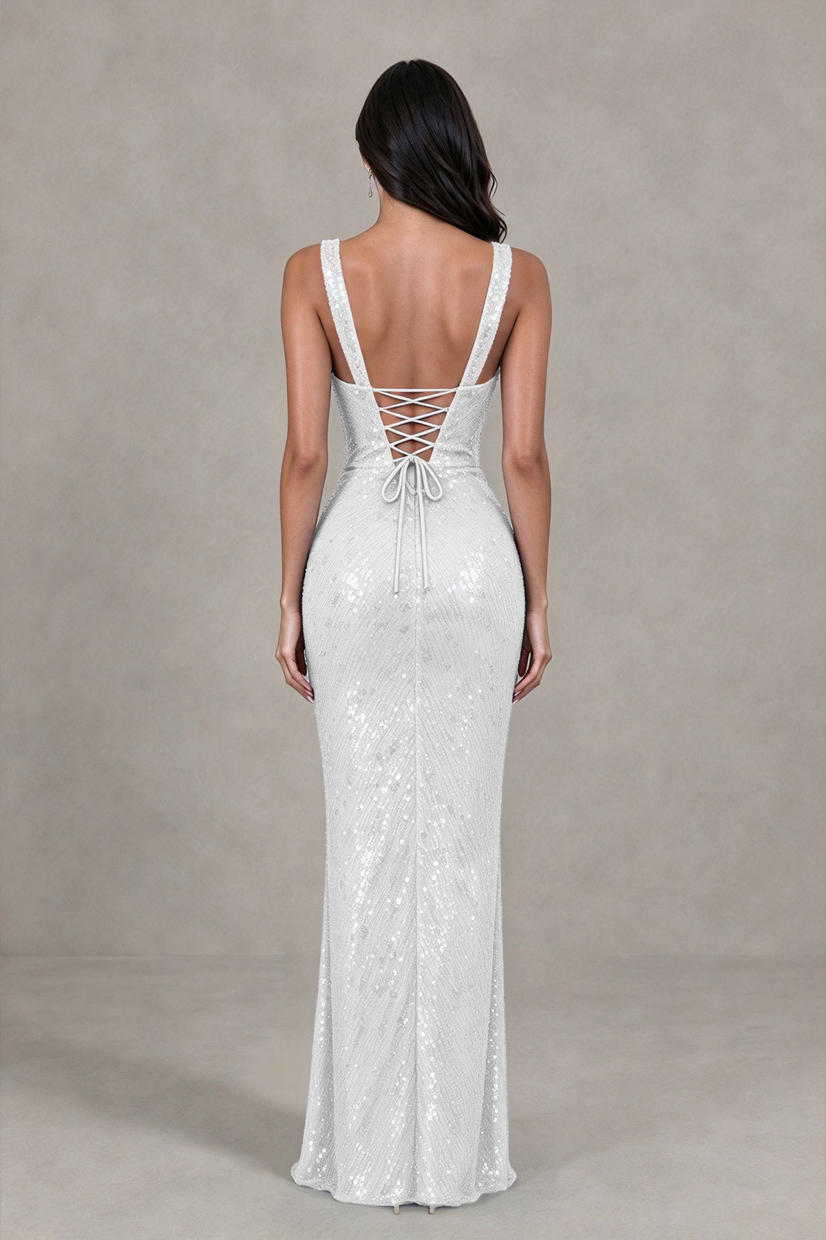 BOLODOO White Sequin Deep V-Neck Lace-Up Back High-Slit Evening Dress - White - White (2)