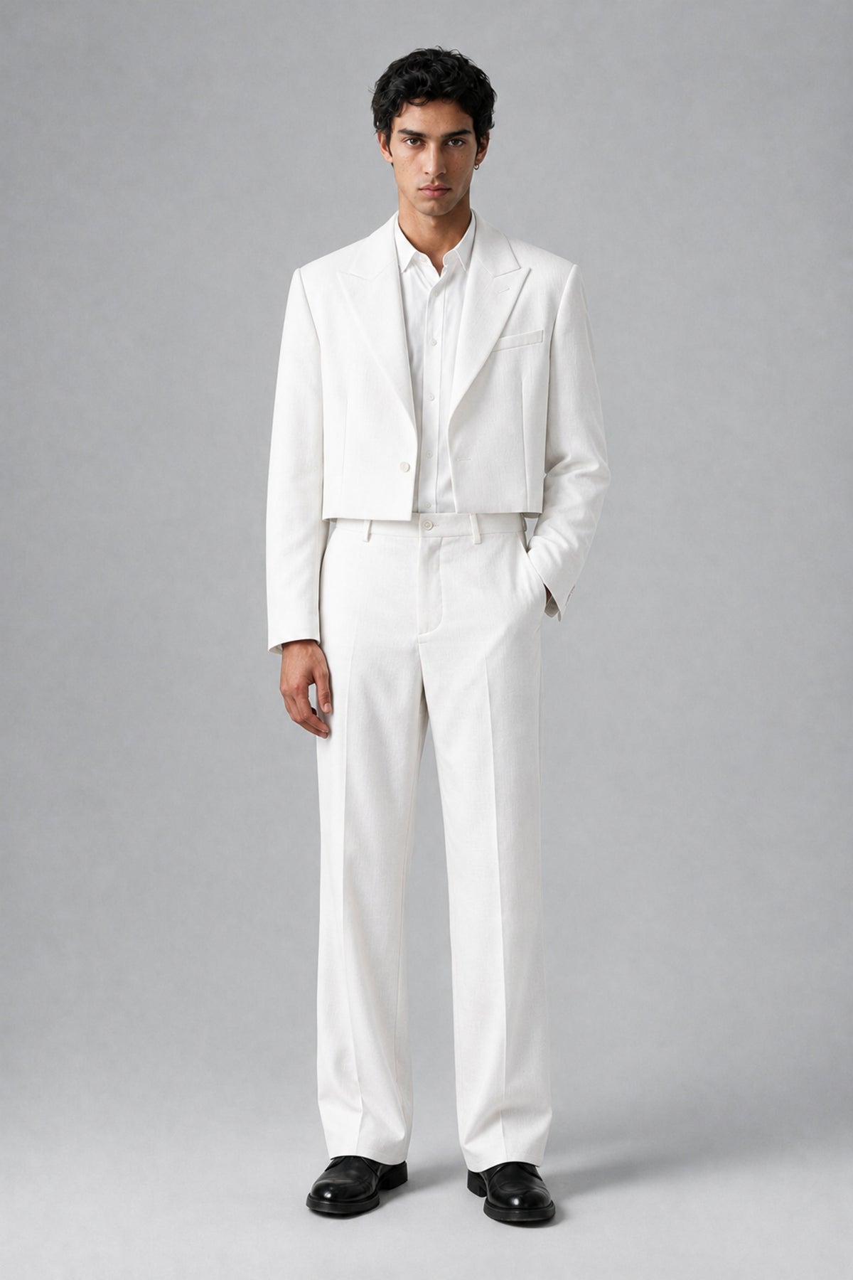 Bolodoo Men's White Cropped Blazer & Wide-Leg Trousers 2-Piece Suit - White - White (2)