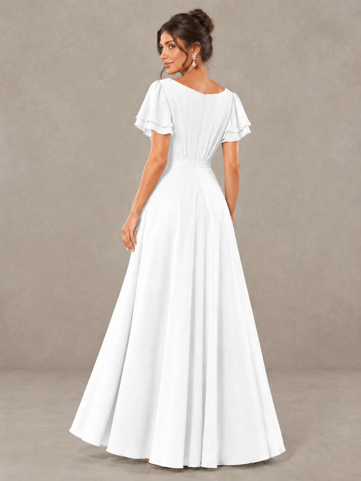 BOLODOO White Flutter Sleeve Ruffle Bridesmaid Dress with Slit - White - White (2)