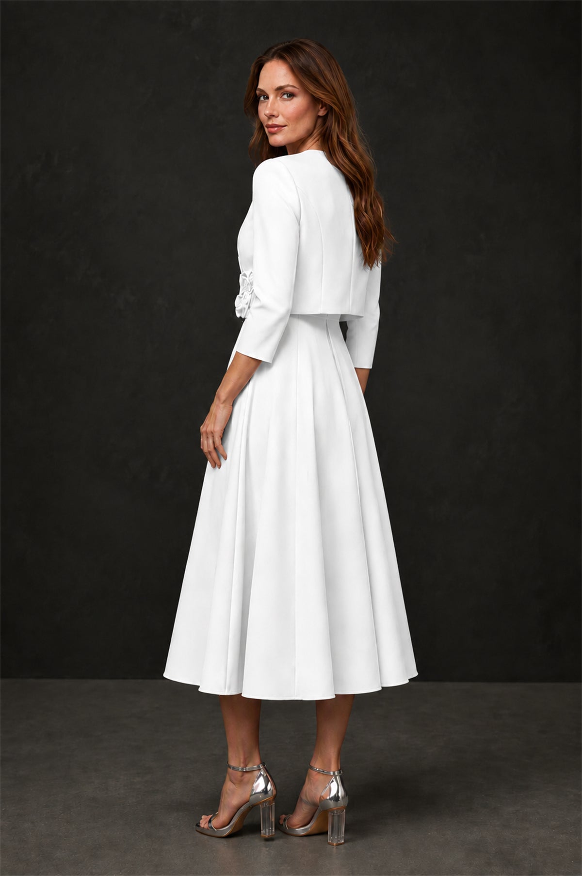 BOLODOO White 3D Rosette Appliqué 3/4 Sleeve Jacket & V-Notch Sleeveless A-Line Tea-Length Two-Piece Dress Set - White