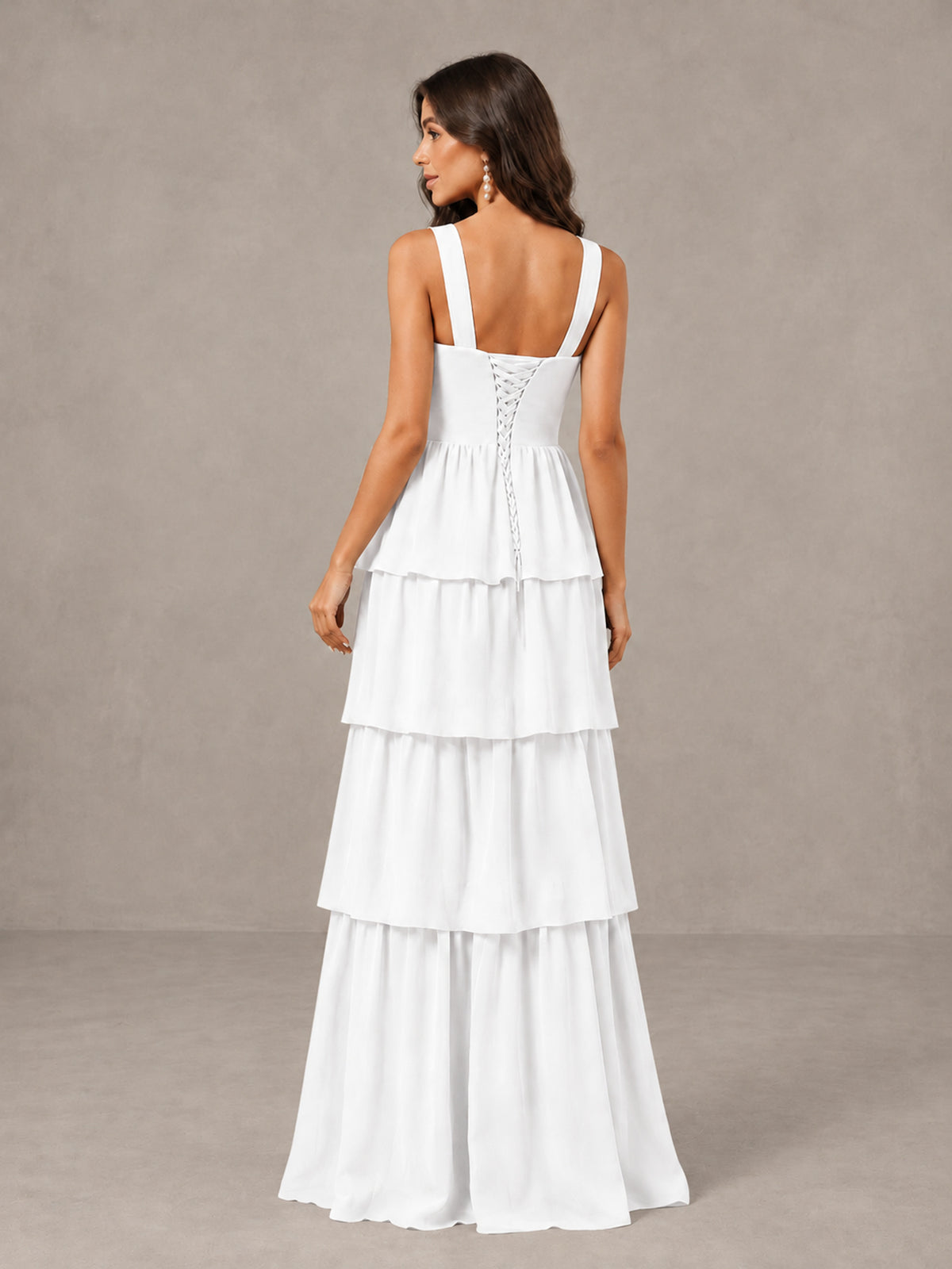 BOLODOO White Square Neck Tiered Bridesmaid Dress with Slit - White - White (2)