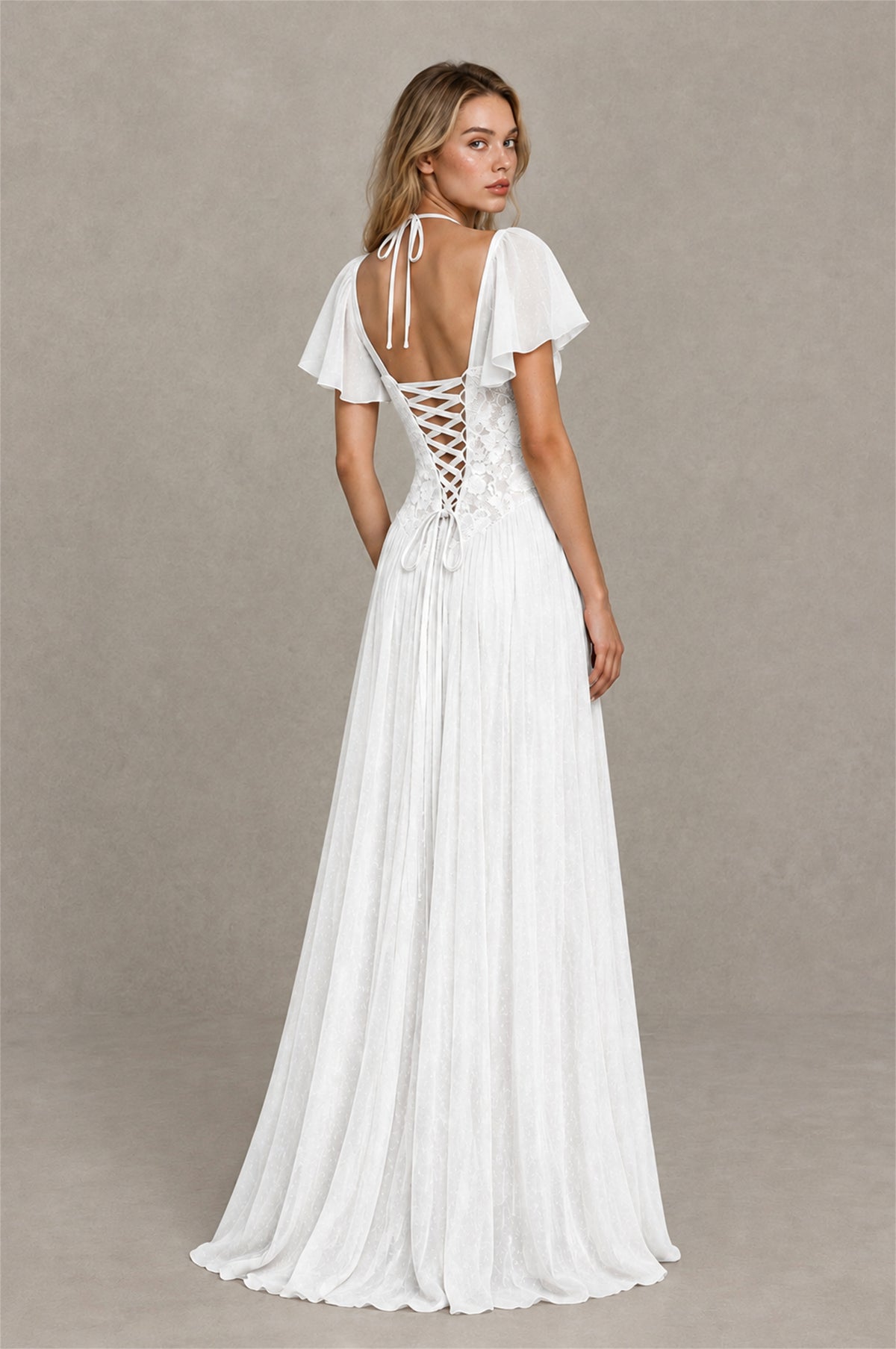 BOLODOO White Flutter Sleeve Lace Corset A-Line Maxi Dress - White - White (2)