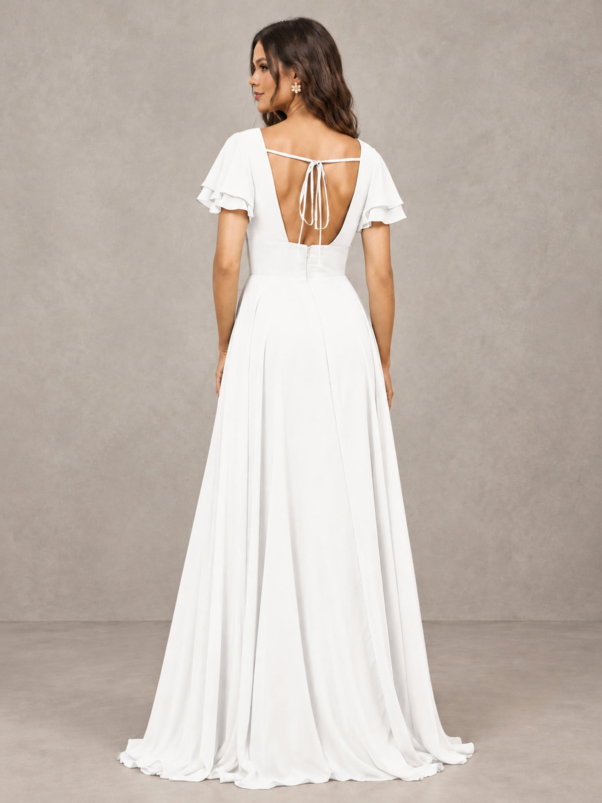 BOLODOO White Flutter Sleeve Chiffon A-Line Maxi Bridesmaid Dress with Open Back & Slit - White - White (2)