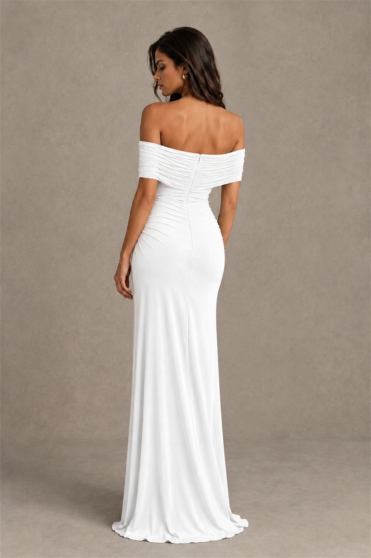 BOLODOO White Off-Shoulder Ruched Maxi Dress - White