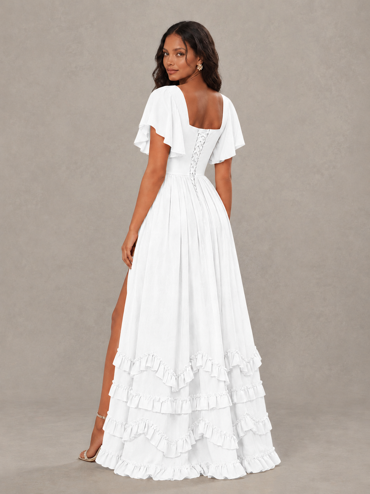 BOLODOO White V-Neck Flutter Sleeve Ruffle Bridesmaid Dress with Slit - White - White (2)