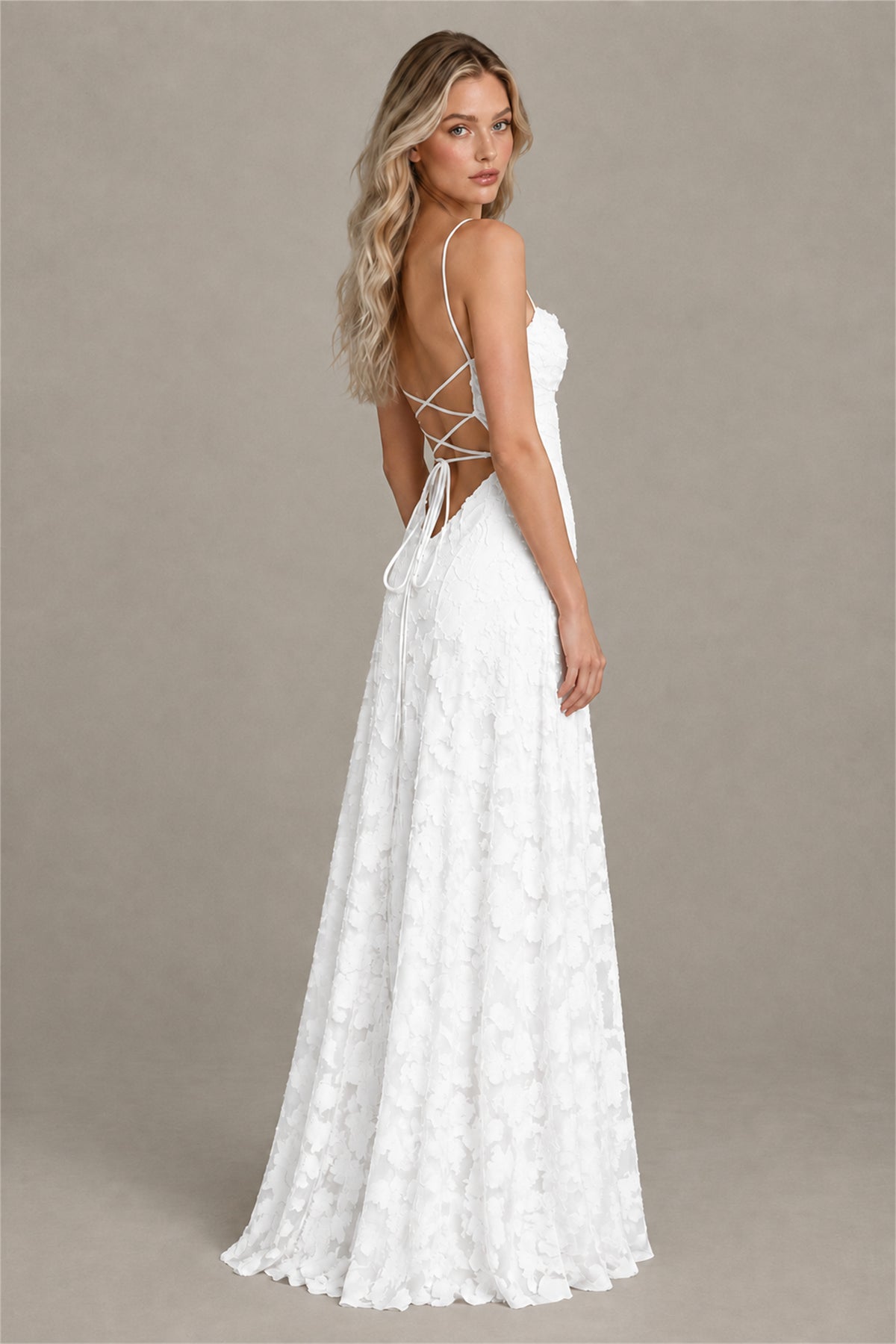 BOLODOO White Floral Appliqué Lace-Up Back Maxi Dress - White
