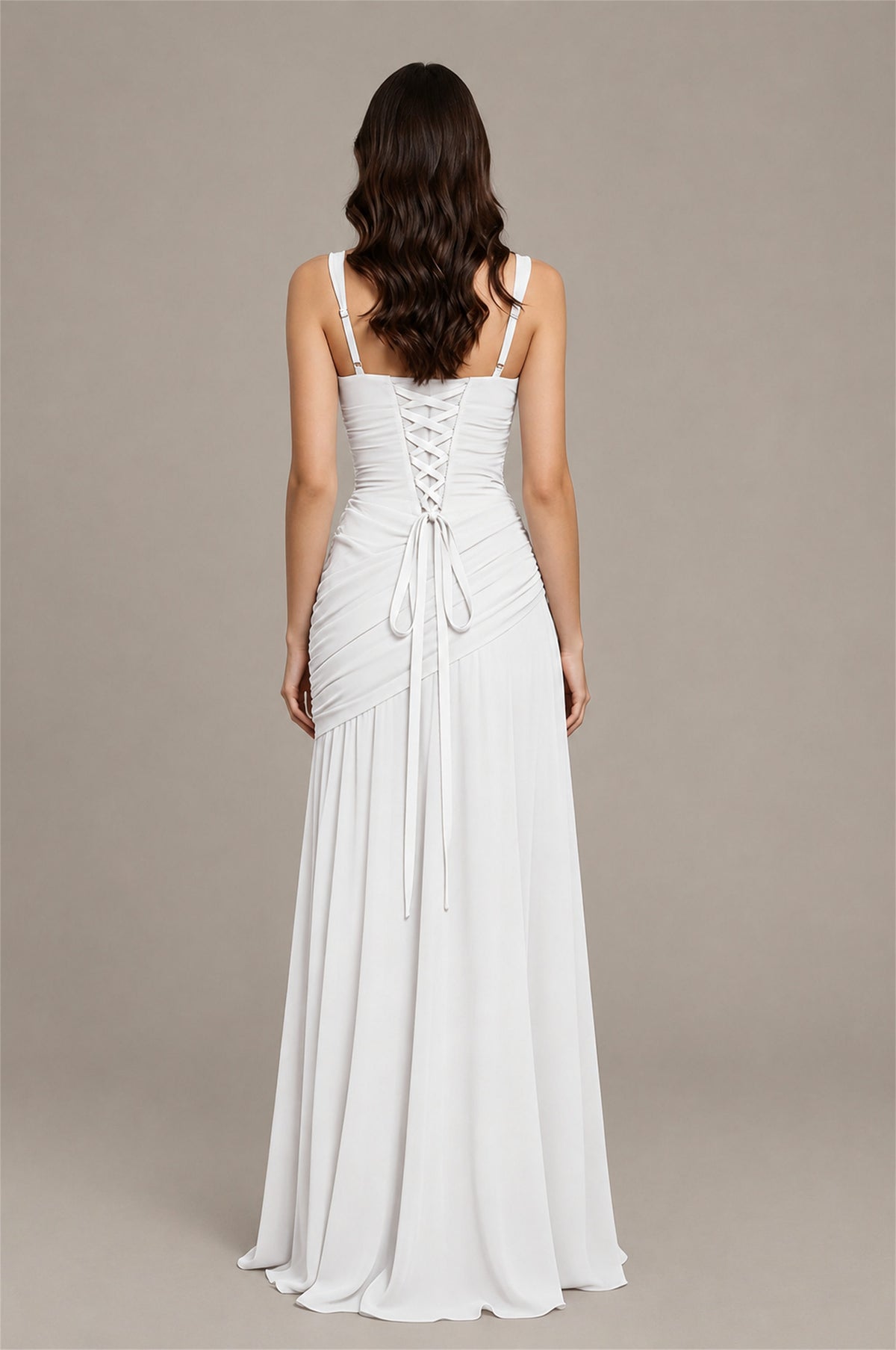BOLODOO White Spaghetti Strap Ruched Maxi Dress – Formal Evening Gown with Slit - White