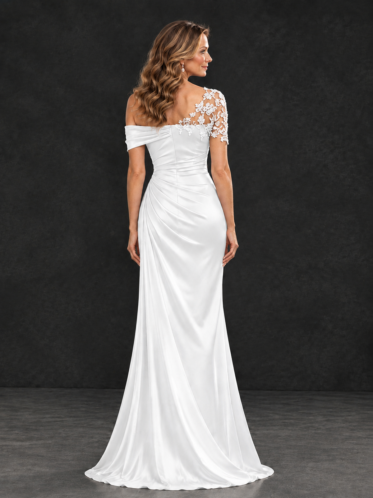 BOLODOO White Asymmetric Satin Mother of the Bride Dress with Lace Sleeve - White - White (2)