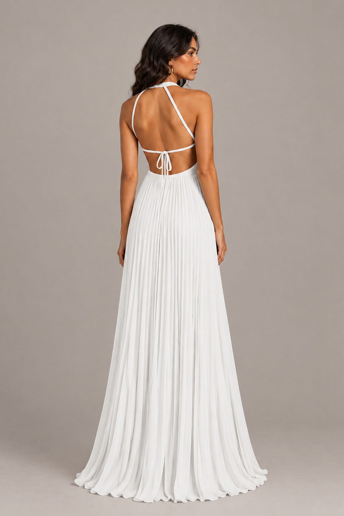 BOLODOO White Halter Neck Pleated Chiffon Maxi Dress with Side Slit - White