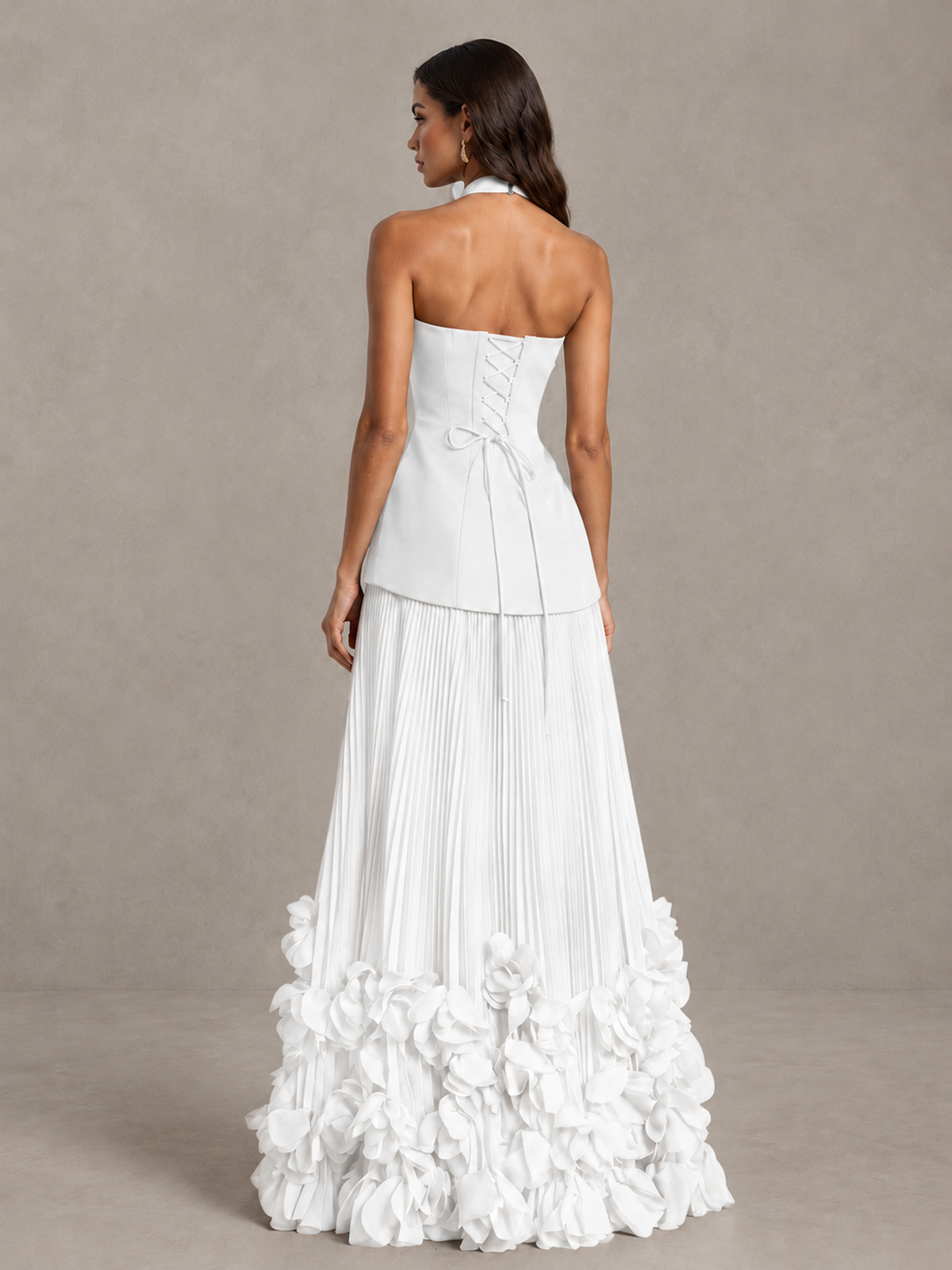 BOLODOO White Halter Neck Floor-Length Evening Gown with High Slit & 3D Floral Hem - White - White (2)