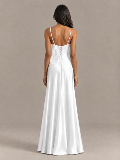BOLODOO White Satin Lace-Up Back Maxi Dress - White