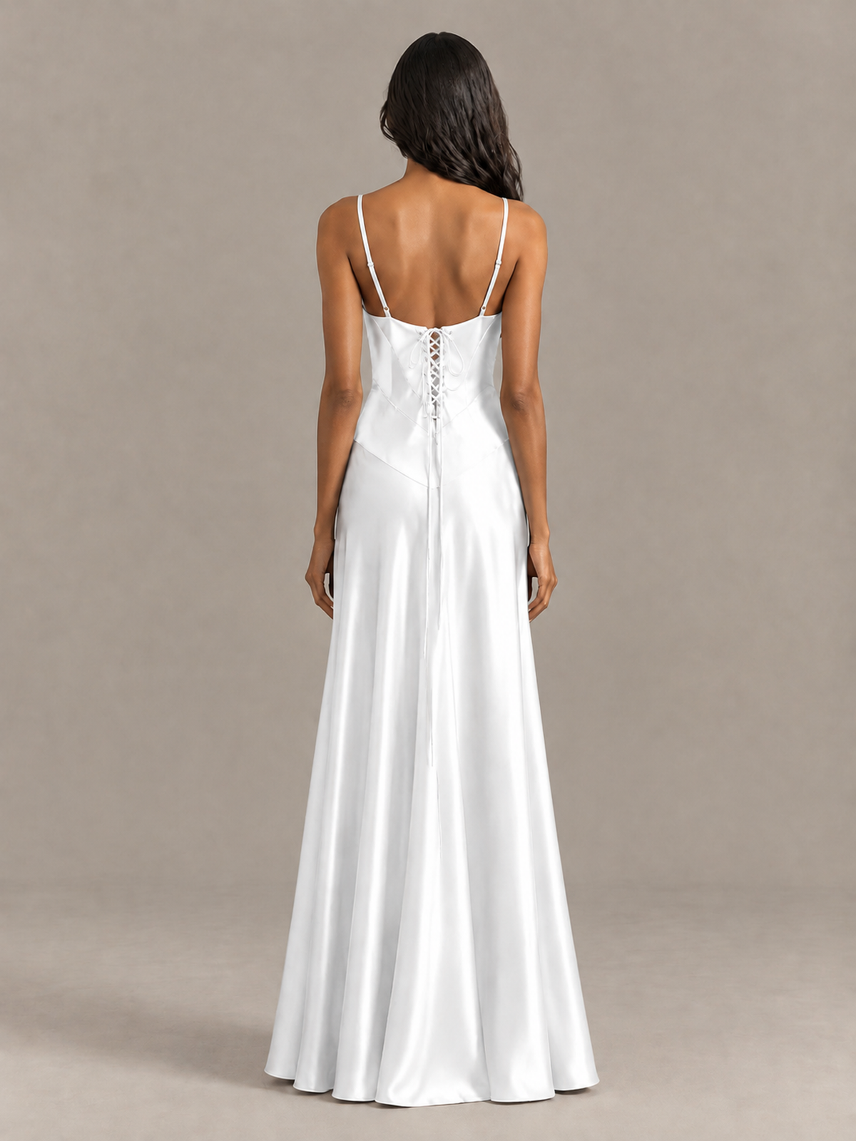 BOLODOO White Satin Lace-Up Back Maxi Dress - White