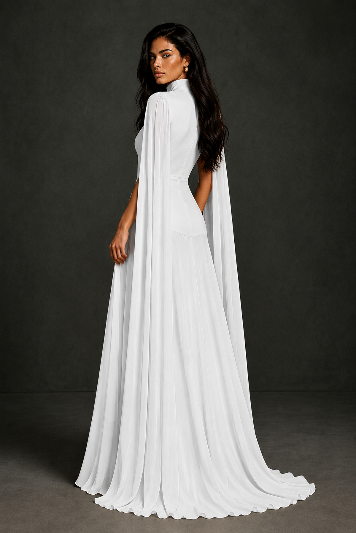 BOLODOO White Mock Neck Cape Sleeve A-Line Chiffon Maxi Dress - White