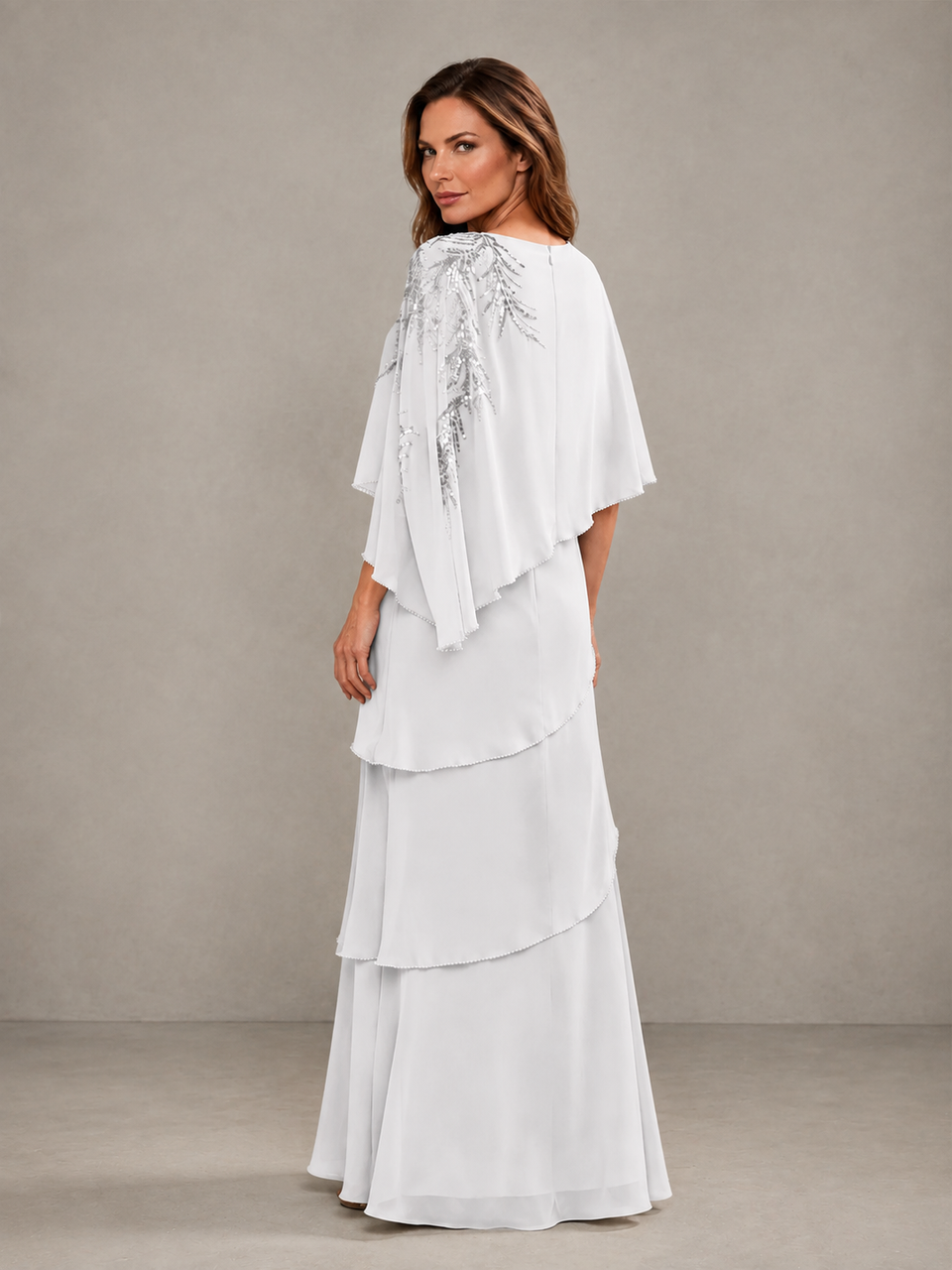 BOLODOO White Mocha Asymmetric Cape Sleeve White Sequin Embroidered Pearl Trim Tiered Chiffon Gown - White