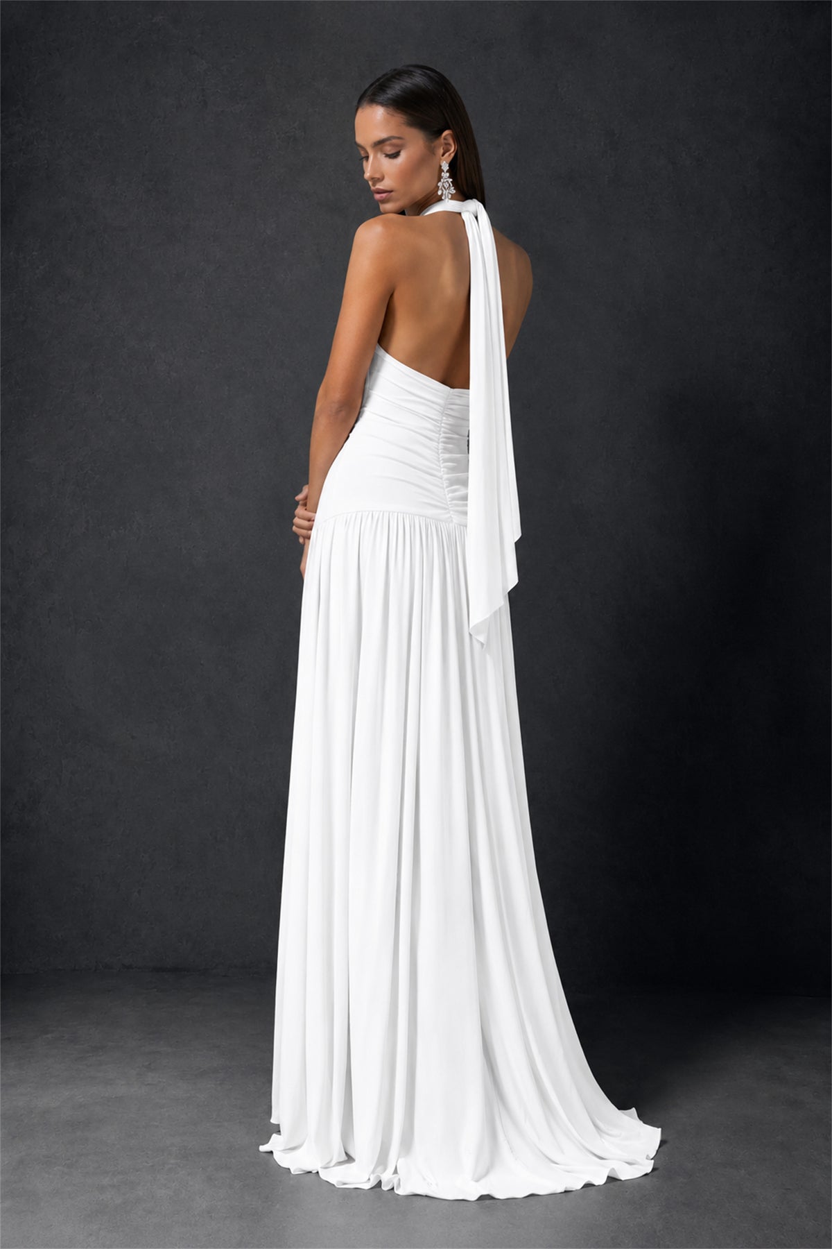 BOLODOO White Halter Deep V-Neck Ruched Chiffon Open Back Maxi Dress with Draped Neck Tie - White