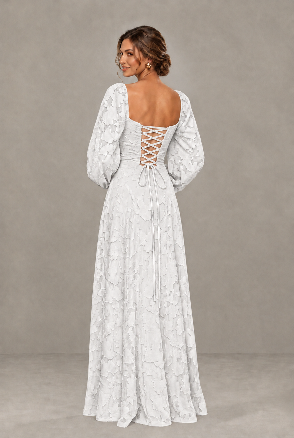 BOLODOO Floral White Long Sleeve A-Line Dress with Lace-Up Back - White