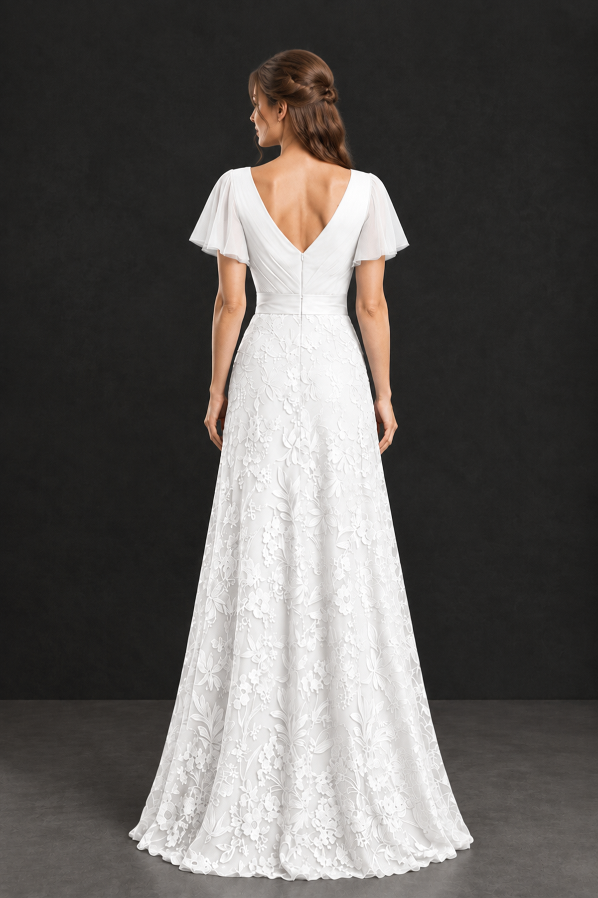 BOLODOO White Flutter Sleeve Lace Mother of the Bride Dress - White