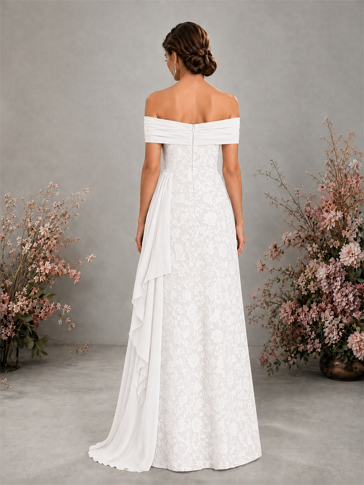 BOLODOO White Floral Embroidered Off-Shoulder A-Line Floor Length Gown | Mother of the Bride & Evening - White - White (2)