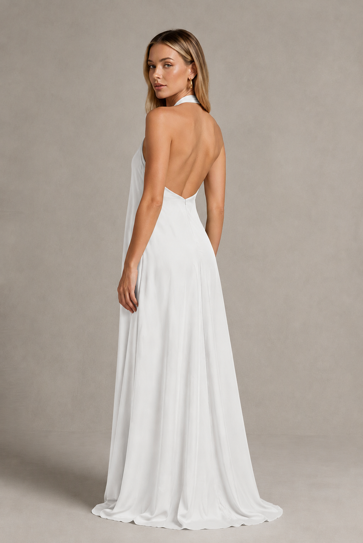 BOLODOO White Backless Halter Satin Bridesmaid Dress - White