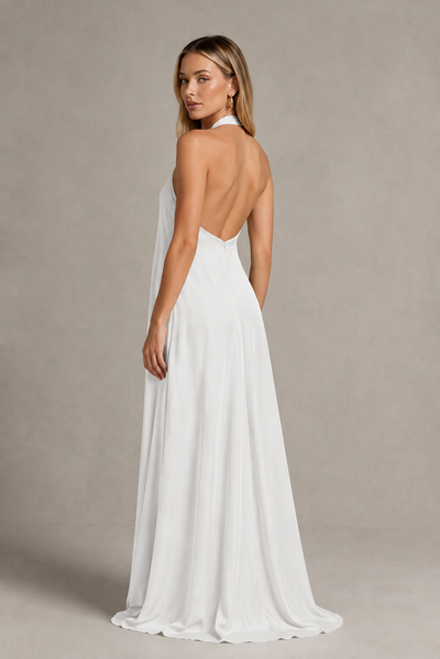 BOLODOO White Backless Halter Satin Bridesmaid Dress - White