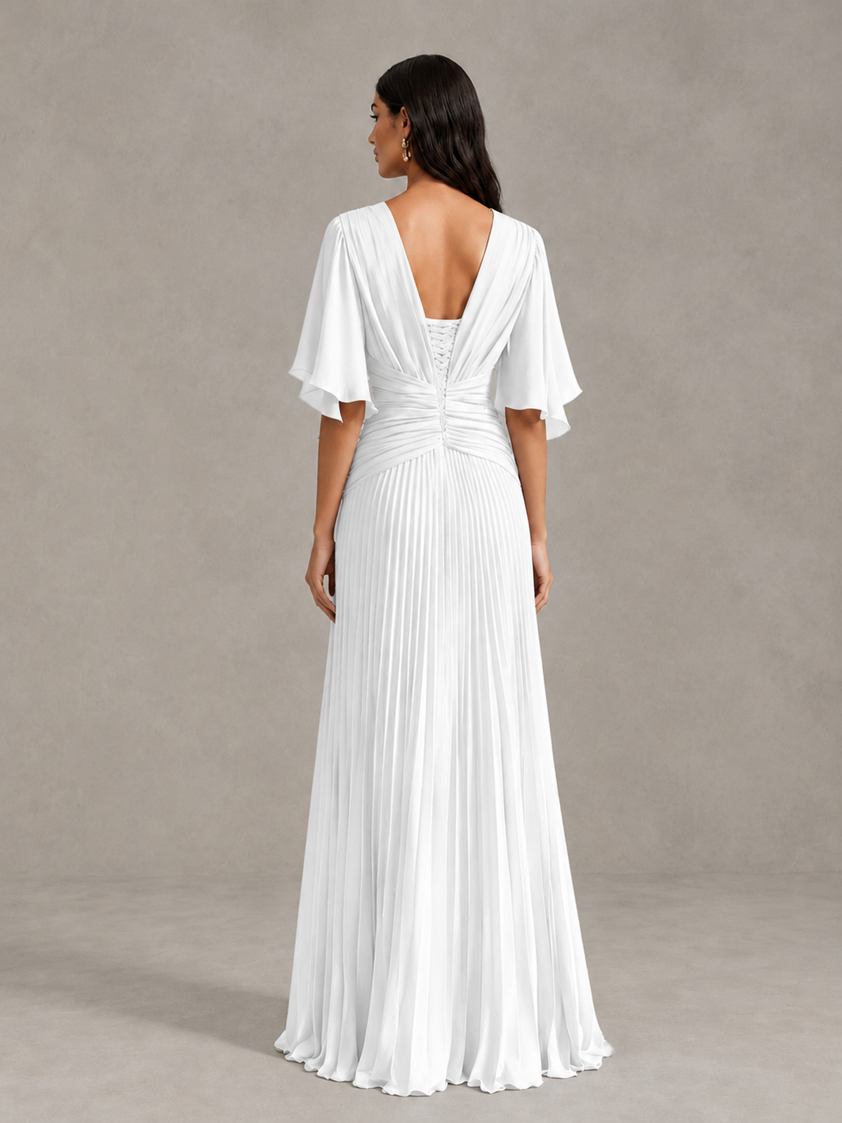 BOLODOO White Pleated V-Neck Flutter Sleeve Bridesmaid Dress - White - White (2)