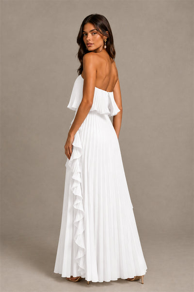 BOLODOO White Strapless Ruffle Bodice Dual Cascading Ruffle Accordion Pleated Chiffon Maxi Dress - White