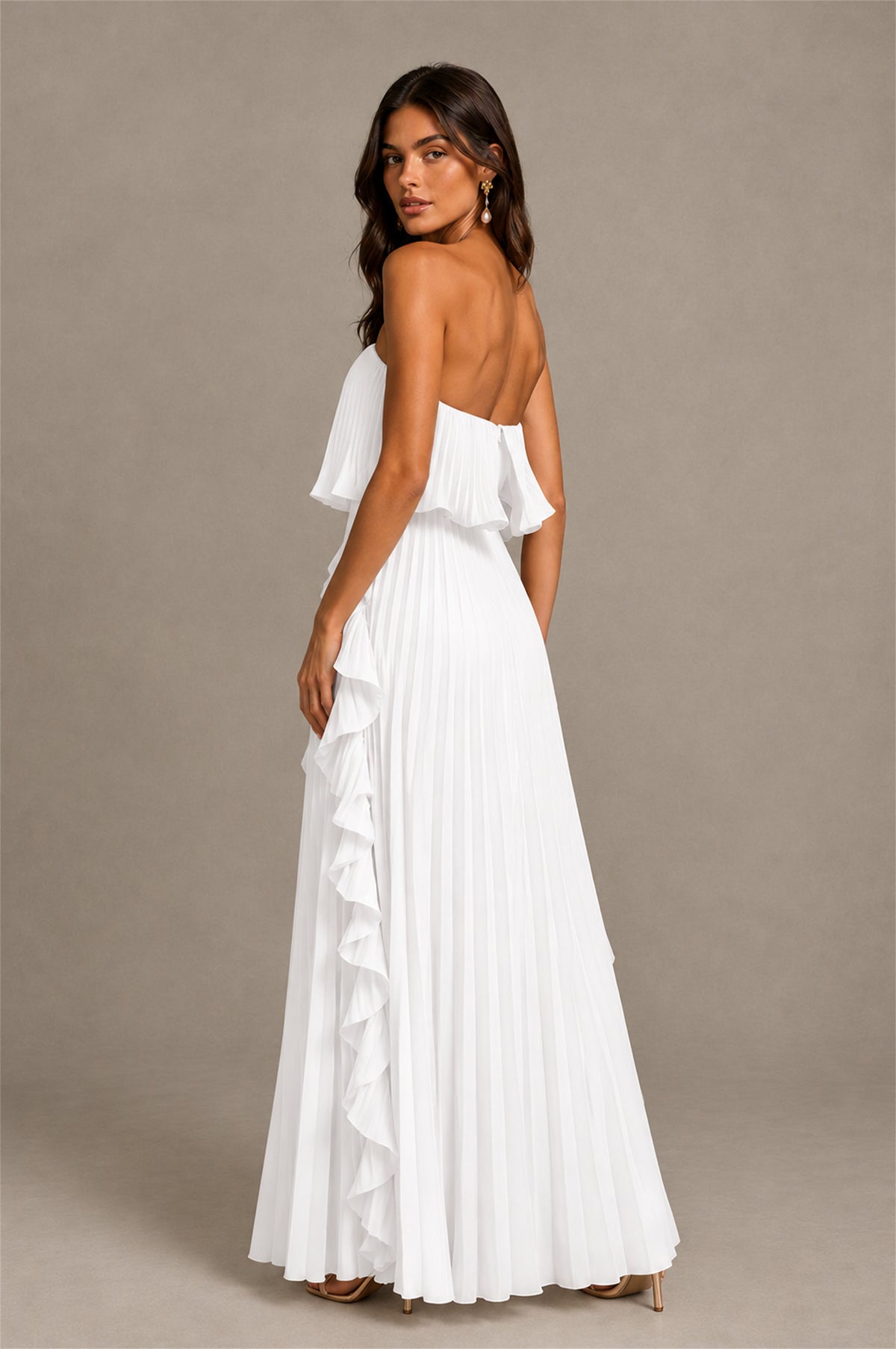 BOLODOO White Strapless Ruffle Bodice Dual Cascading Ruffle Accordion Pleated Chiffon Maxi Dress - White