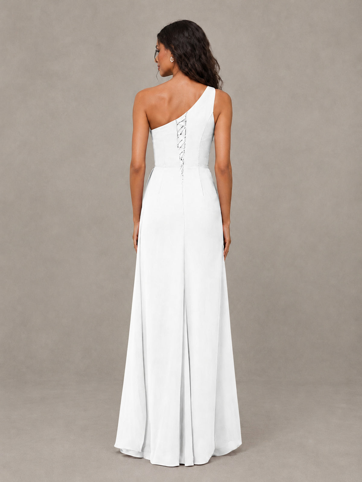 BOLODOO White One-Shoulder Chiffon Bridesmaid Dress with Ruched Bodice & High Slit - White - White (2)
