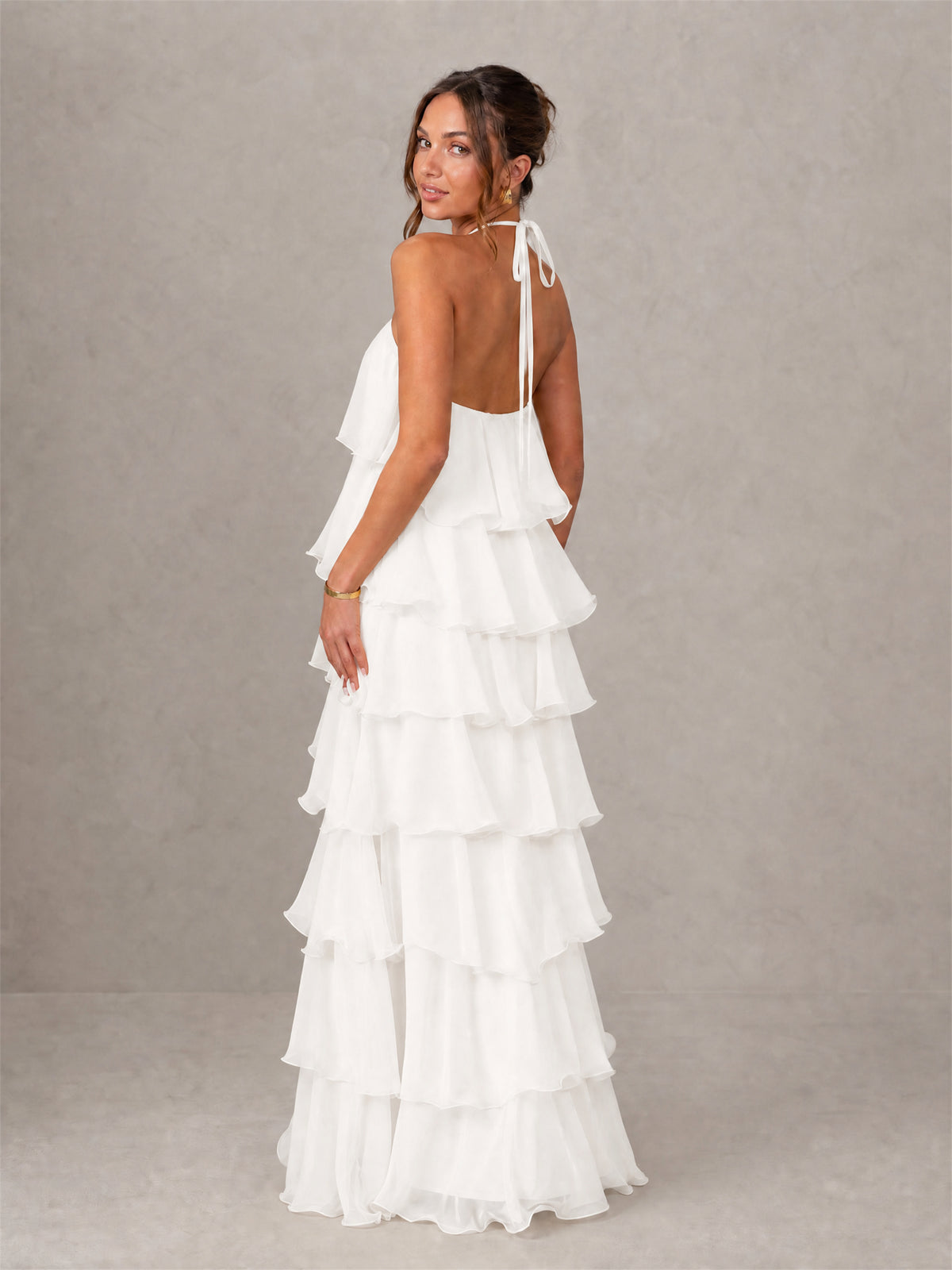 BOLODOO White Halter Tiered Ruffle Chiffon Maxi Dress - White
