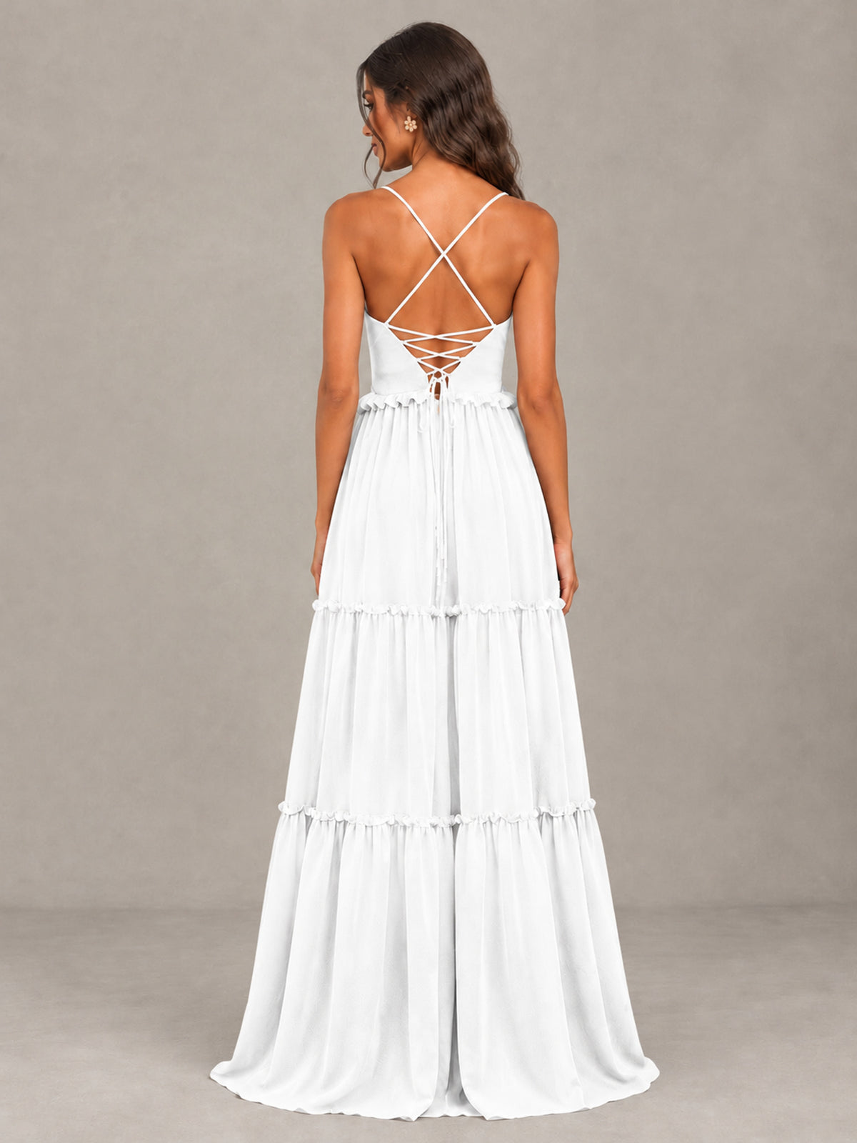 BOLODOO White Tiered V-Neck Lace-Up Back Bridesmaid Dress - White - White (2)