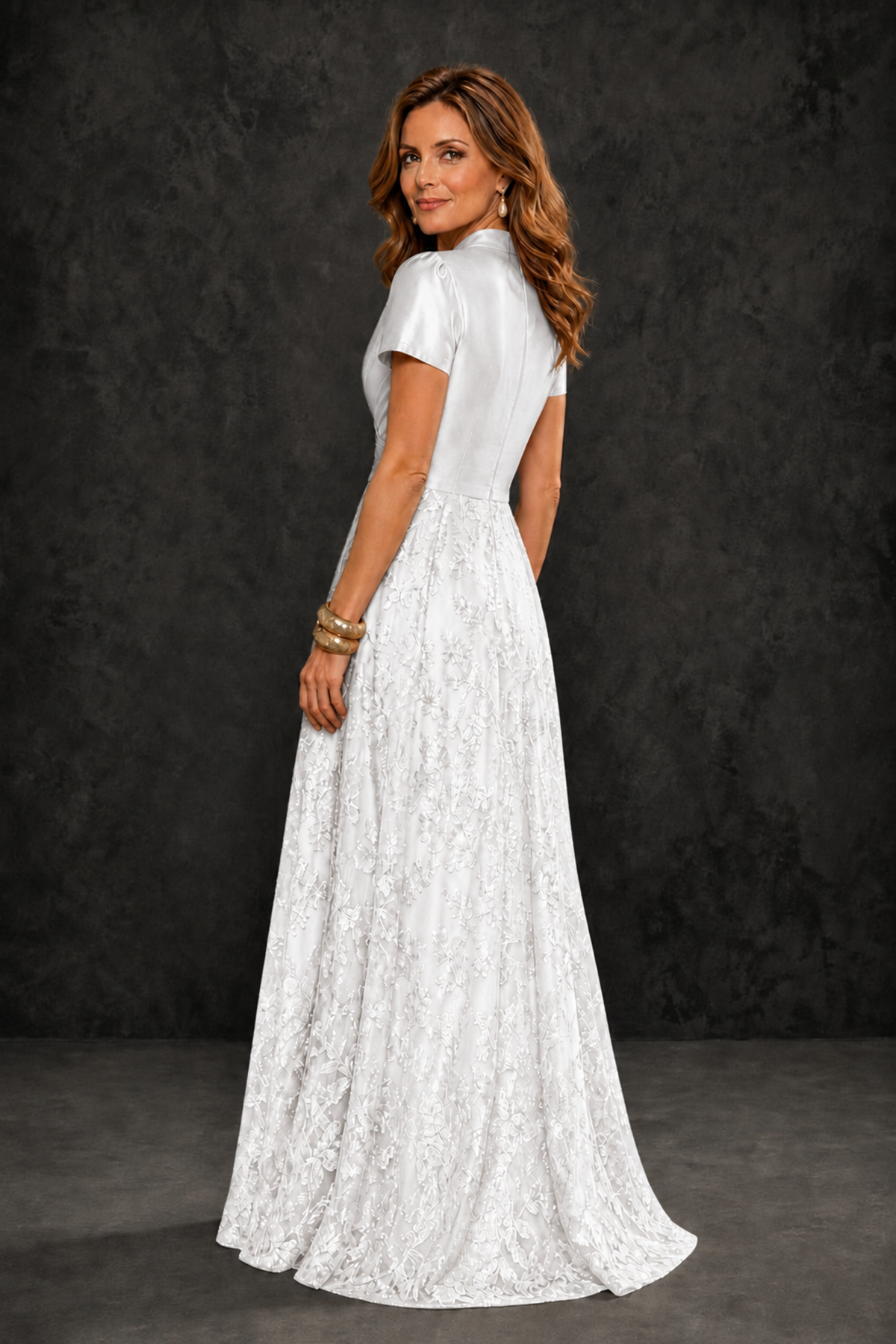 BOLODOO White Satin Wrap V-Neck Short Sleeve Lace Glitter A-Line Floor Length Evening Gown – Formal Dress - White - White (2)