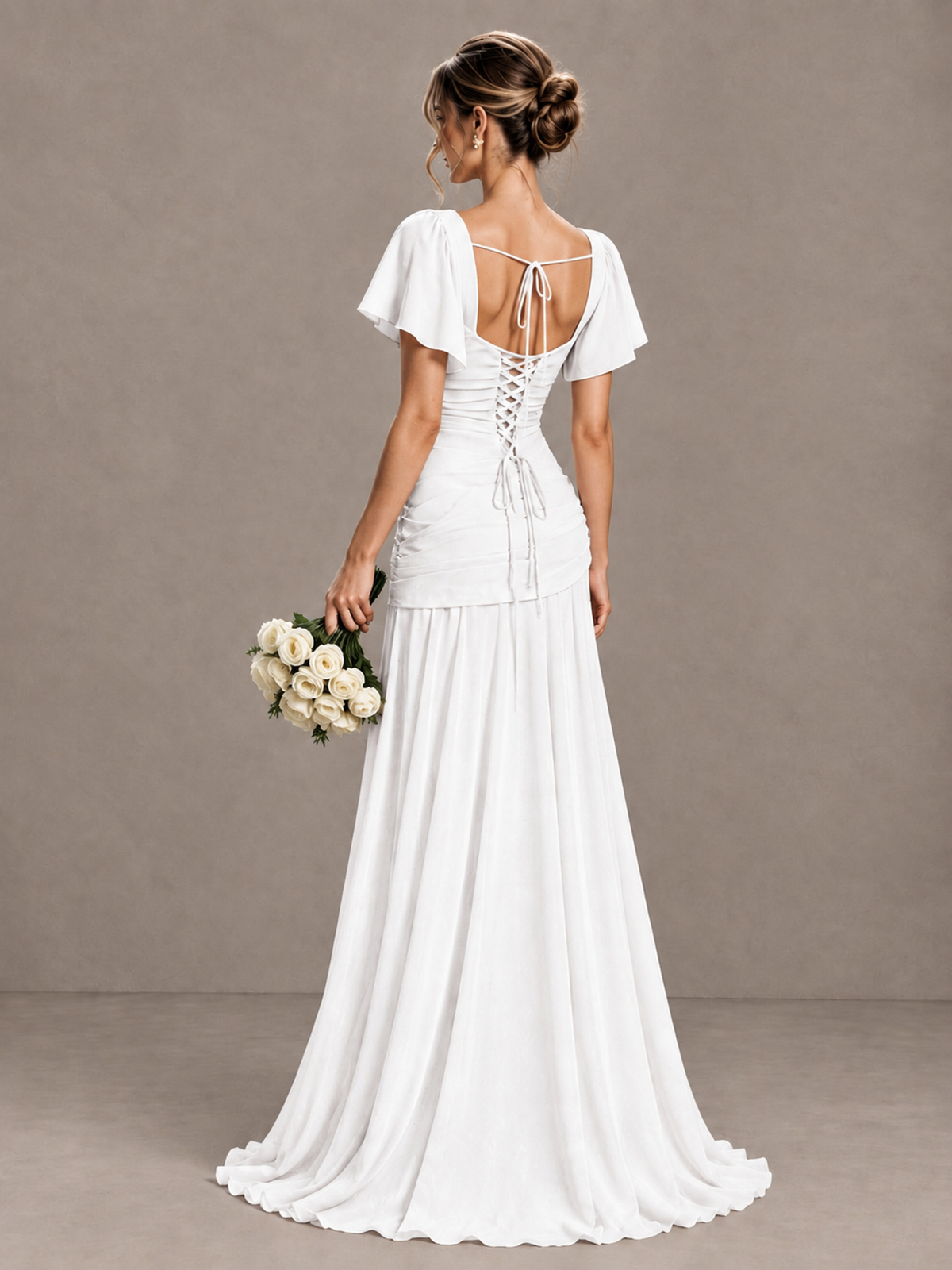 BOLODOO White Flutter Sleeve Lace-Up Back Maxi Dress - White - White (2)