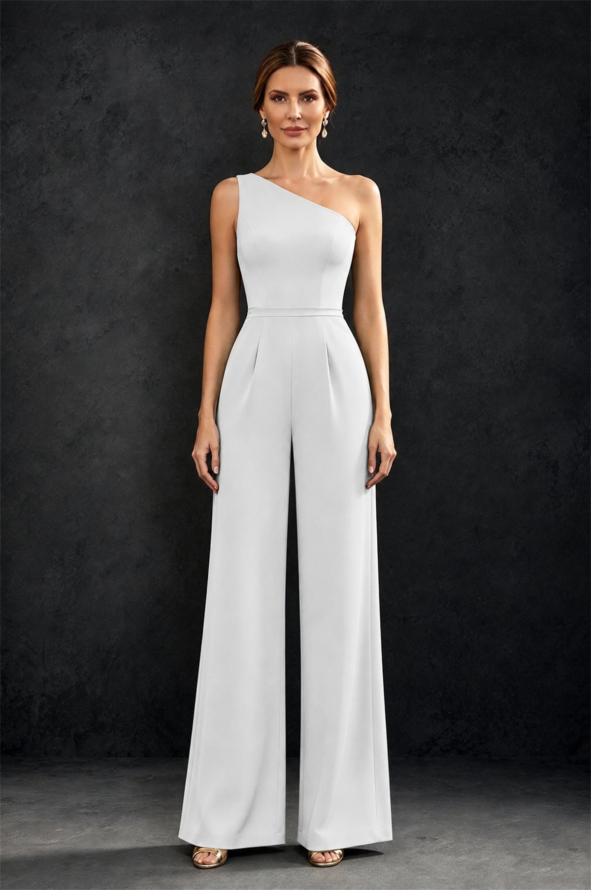 BOLODOO White 2-Piece Set: Off-Shoulder 3D Floral Cape Gown & One-Shoulder Wide-Leg Jumpsuit | BD0373 - White